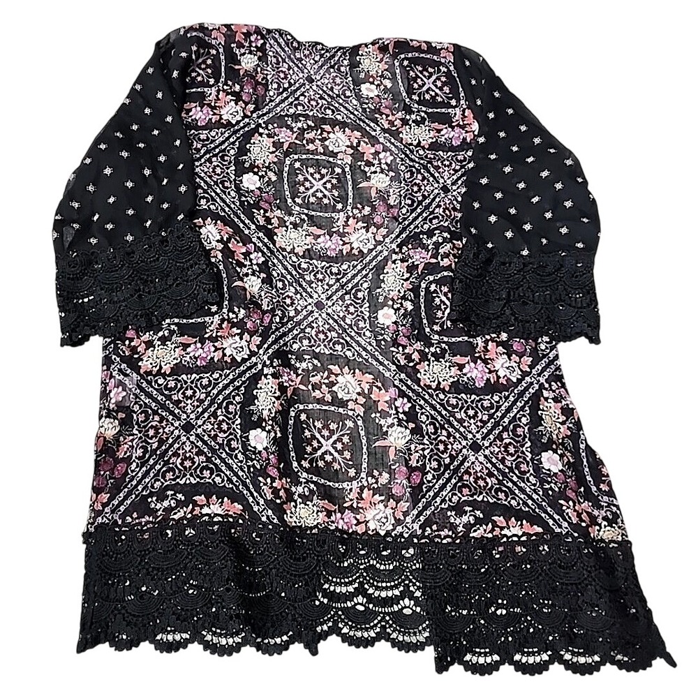 Rewind Womens Black Floral Medallion Lace Trim Open Front Kimono Duster S